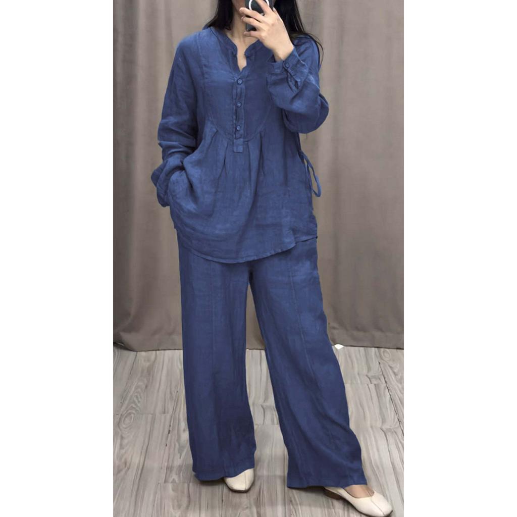 Fashionable and Comfortable Cotton and Linen Long-sleeved Half-open Placket Casual Pleated Wide-leg Pants Suit