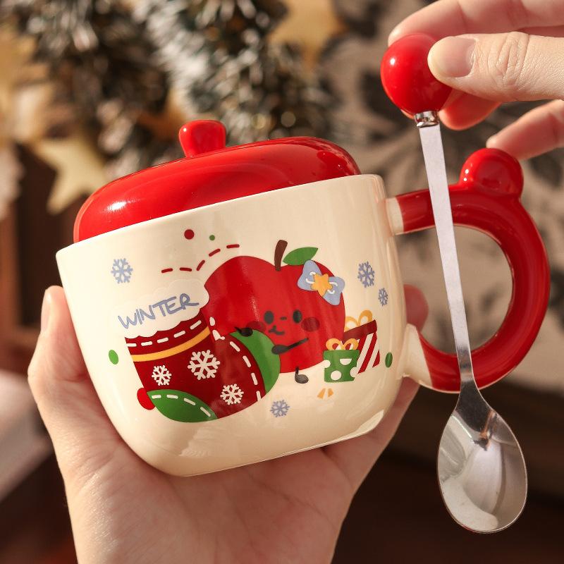 

Cute Christmas Eve water cup cartoon apple ceramic mug with lid girl Christmas gift girlfriend souvenir 401-500ml