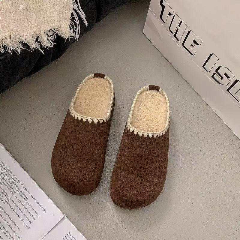 

2025 новые толстоподошвенные на высокой платформе бархатные туфли Boken с большой головой, на одном педале, с маленькой головой, хлопковые тапочки женские 40 темно-коричневого