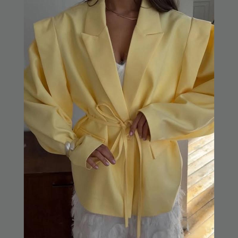 Lace Up Shoulder Pad Blazer Coat Women Elegant Turn-down Collar Long Sleeve Pockets Slim Fit Coats Chic Ladies Commute Outerwear