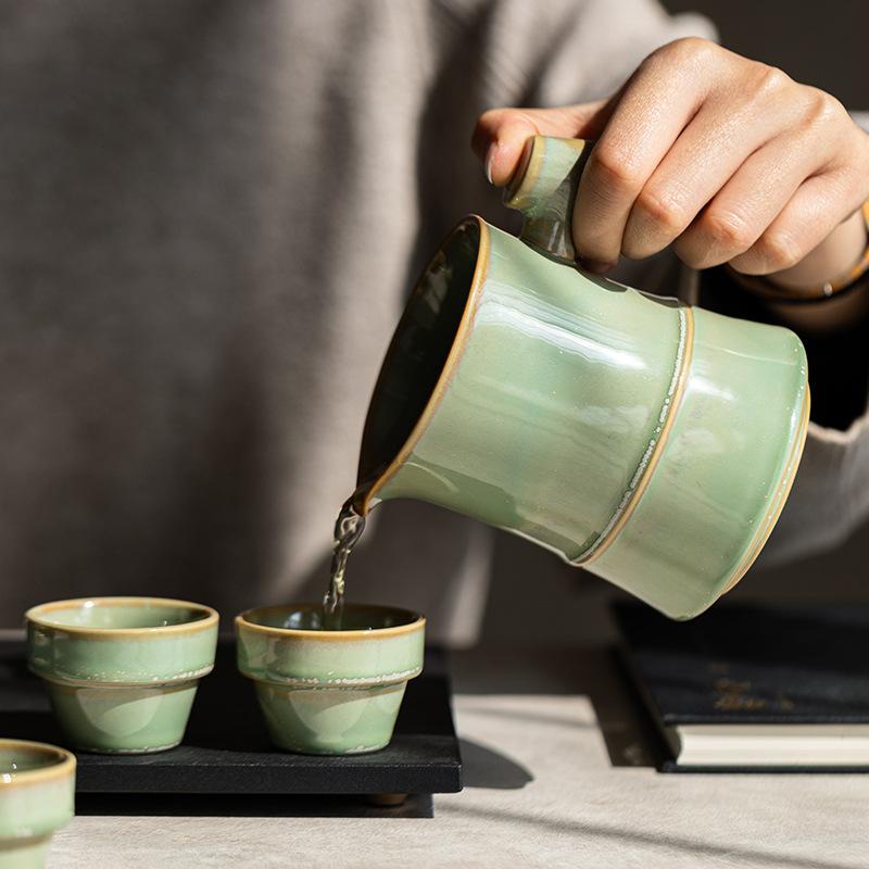 Kiln-changed bamboo joint travel tea set, one pot, four cups, portable outdoor portable tea pot, Kuaike cup, water cup, coffee cup