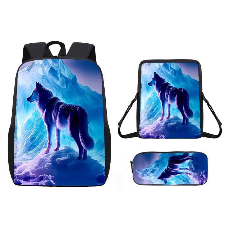 Zaino Stampato con Animale Lupo da 17 Pollici Zaino per Studenti Maschi e Femmine Zaino Scolastico per Bambini Set da Tre Pezzi