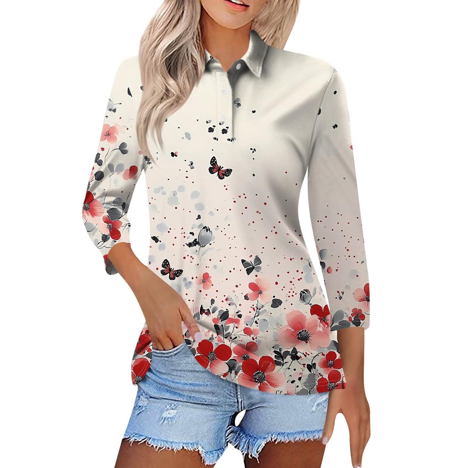 

Женская модная повседневная рубашка с короткими рукавами 3/4 с лацканами и принтом, женские топы на пуговицах XL красный