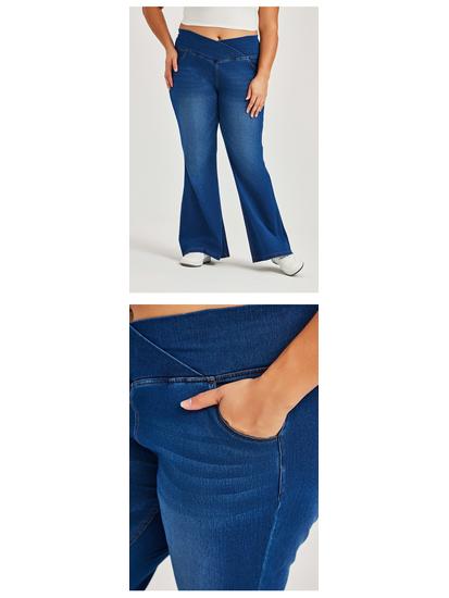 Women's Plus Size Cross-Waist Wide-Leg Jeans with Frayed Edges, Monkey Wash, Pockets, and Elastic Waist - Casual Slimming Fit