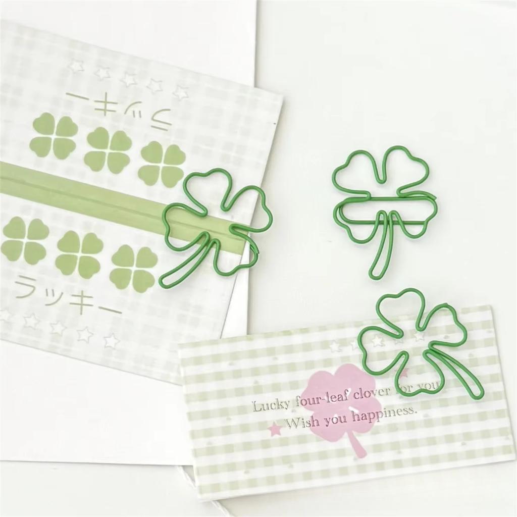 10Pcs Cute INS Green Four-leaf Clover Paperclips Lovely Girl Scrapbook Decor Binder Clip Office Document Bill  Binding Supplies