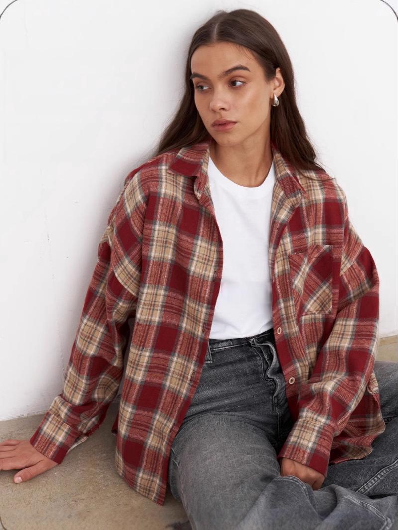 

Женская европейская и американская клетчатая куртка - Свободный крой, Длинный рукав, Лацкан, с карманами Large