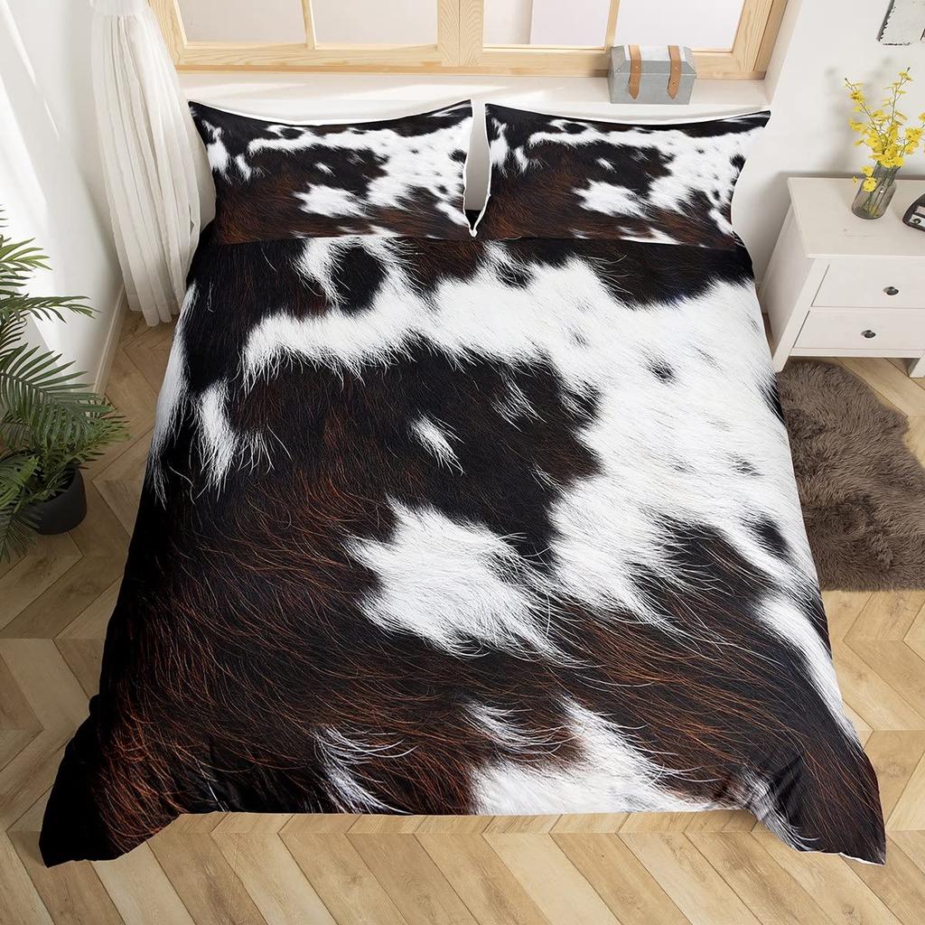 Cowhide King Queen Duvet Cover Patchwork Cow Fur Print Bedding Set Animal Quilt Cover Western Cowboy Polyester Comforter Cover