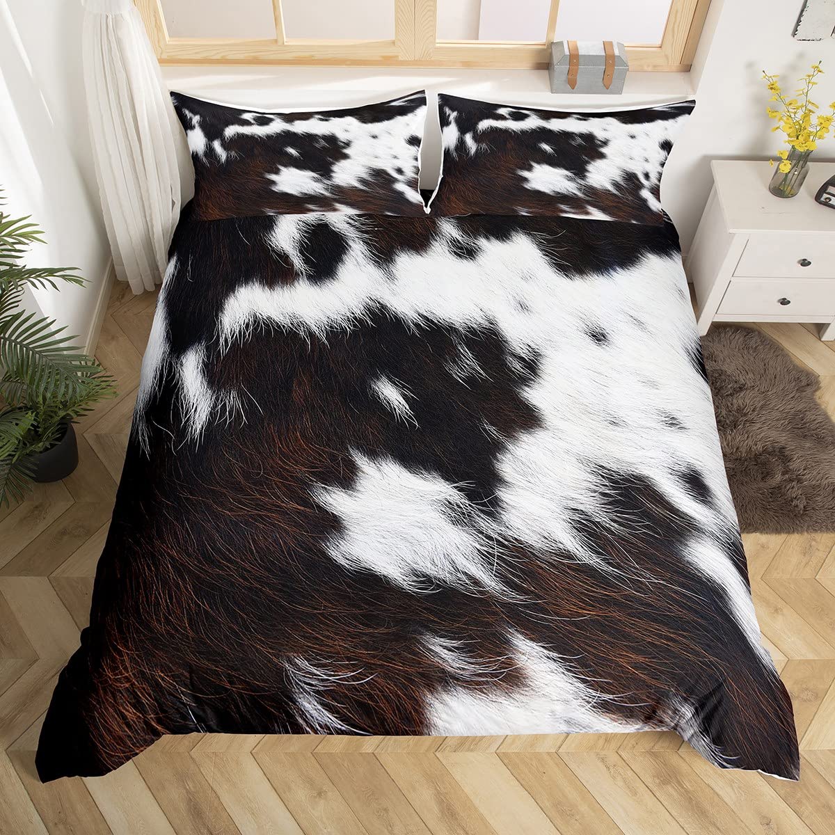 

King Size Cowhide Duvet Cover Set Patchwork Cow Fur Print Microfiber Farmhouse Bedding Western EU single(135x200cm)