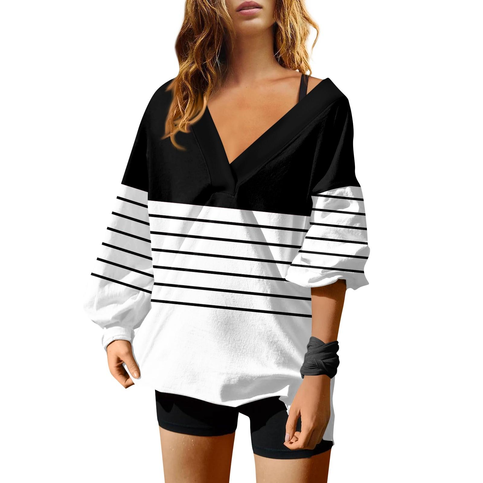 Женская мода полосатый принт V-образный вырез длинный рукав свободный пуловер свитшот — фото 6