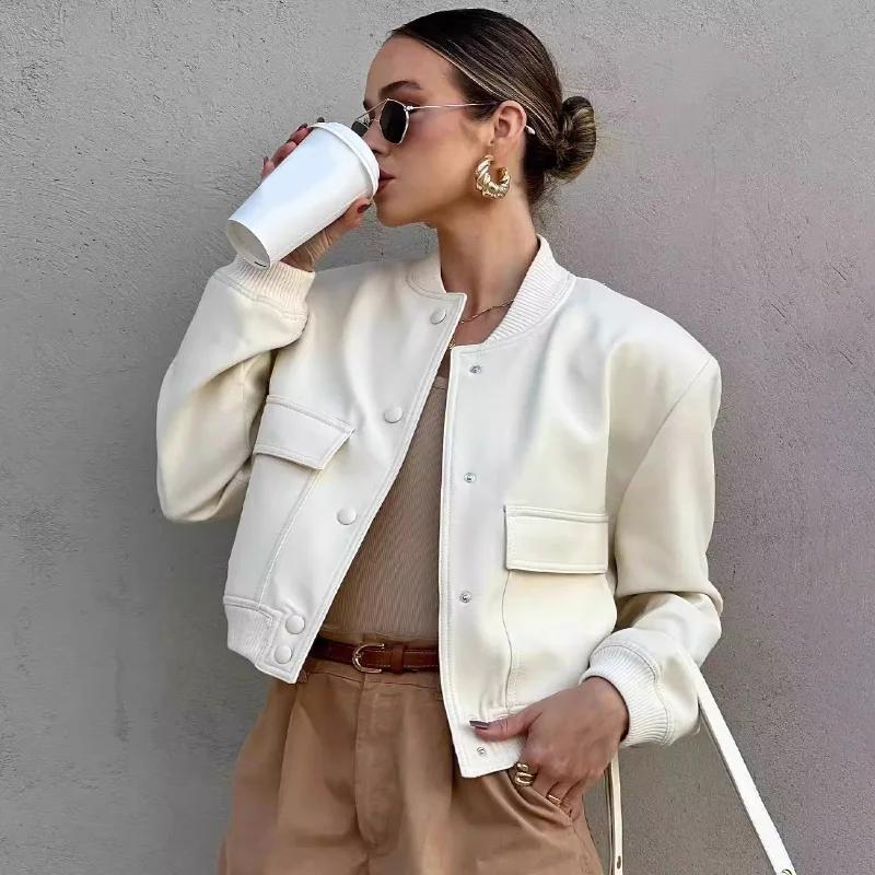 Women Fashion with Pockets Bomber Jacket Coats Vintage Long Sleeve Front Button Casual Female Outerwear Chic Tops
