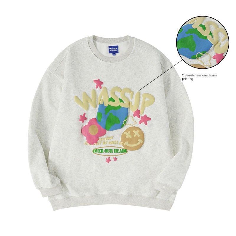 Wassup Heods Foam Stereo Letter Sweatshirt Men's Autumn and Winter Fleece-Lined Versatile Casual Round Neck Top for Couples