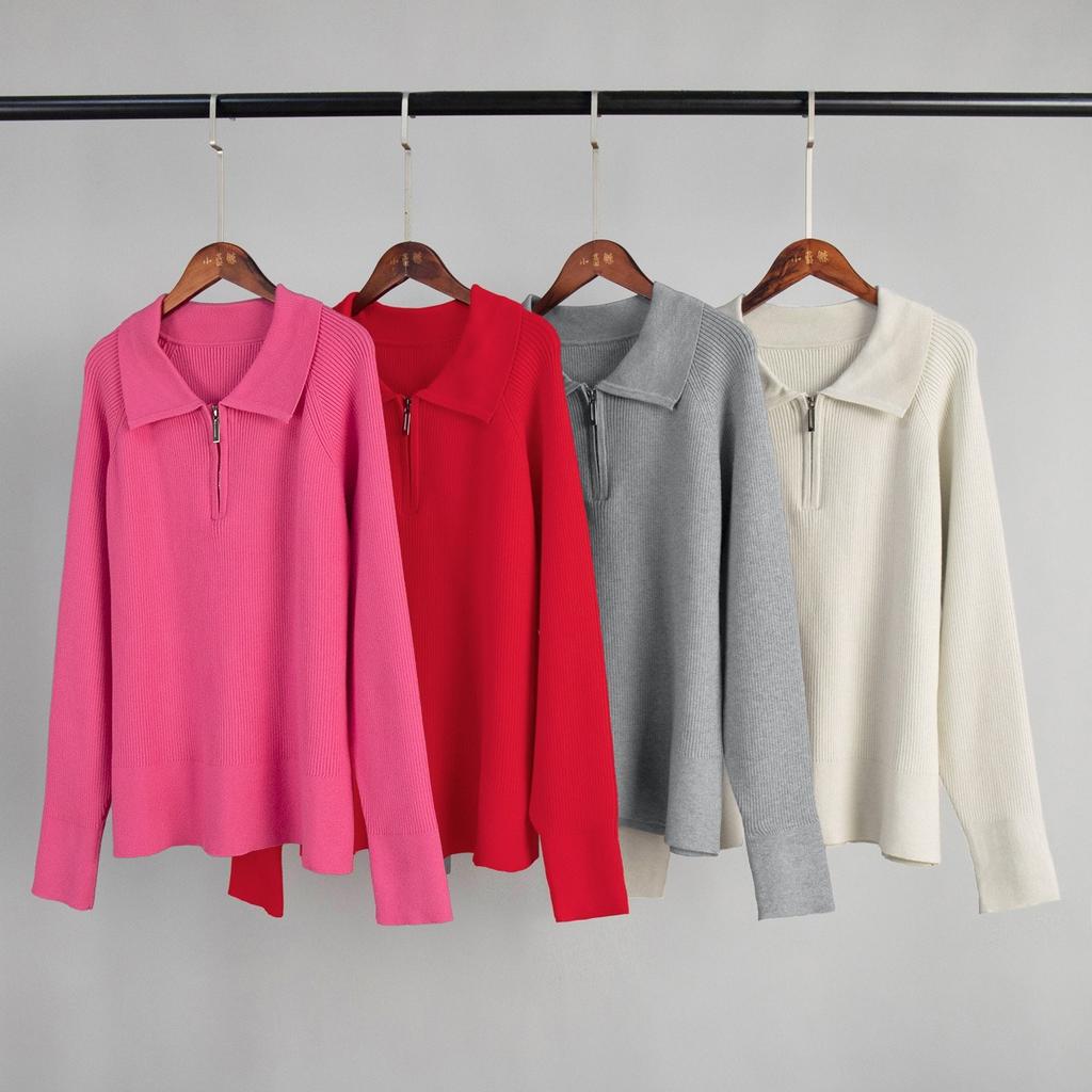 Fall Winter New Women's Casual Plain Polo Collar Pullover Knit Sweater European American Style Trendy Versatile Top
