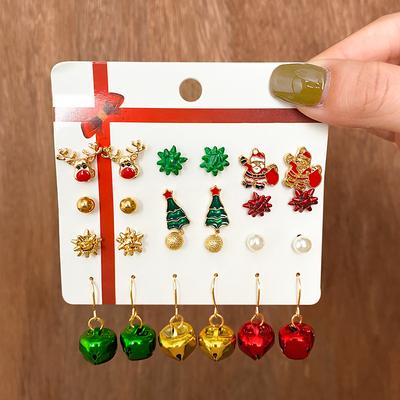New Christmas Gift Christmas Tree Earrings Snowman Deer Bell Ear Studs Party Jewelry Earrings Set Combination