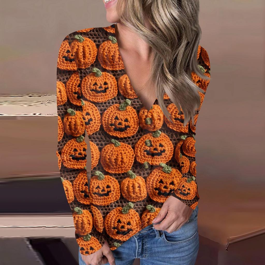 Lässiger Pullover mit V-Ausschnitt und Halloween-Print für Damen