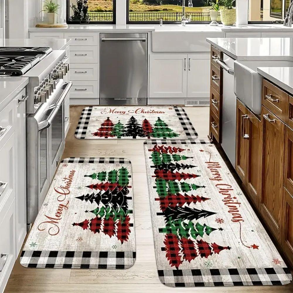 2/3pcs Christmas Kitchen Floor Mats Vintage Christmas Tree Hallway Rugs Soft Cozy Entrance Welcome Mat Home Decoration
