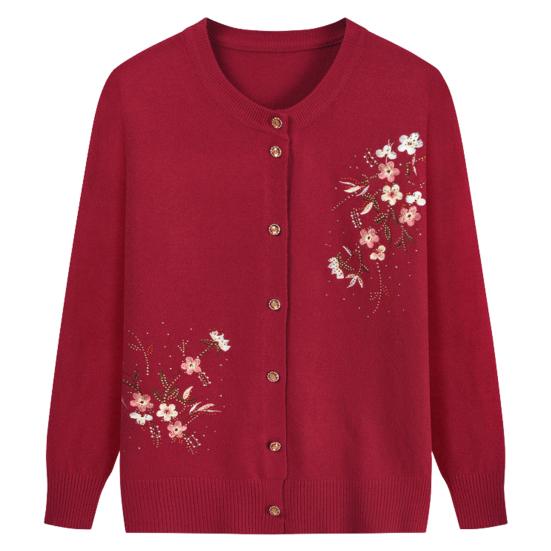 Manteau en tricot pour mère automne printemps broderie florale simple boutonnage col rond ample manches longues cardigan extensible