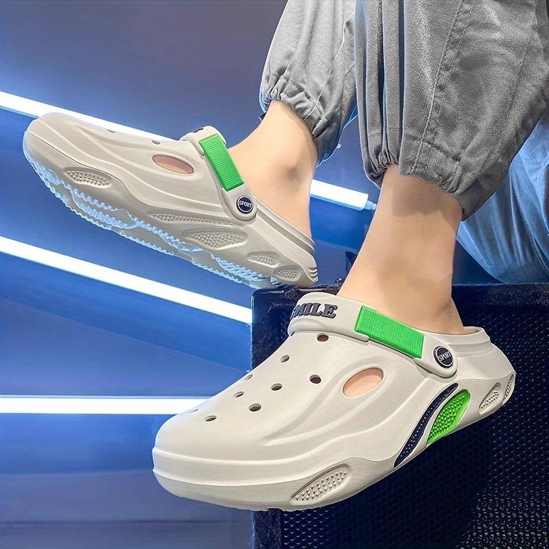 Men's Trendy Color Block Chunky Hollow Out Clogs, Comfy Non Slip Casual Durable Soft Sole EVA Slippers For Men's Outdoor Activities