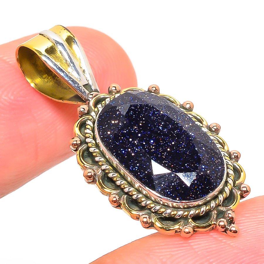 Natural Blue Sunstone Two Tone 925 Solid Sterling Silver Gift Pendant 1.50" C3H51