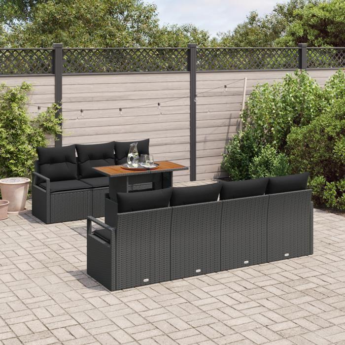 Ensemble de Canapé de Jardin de 8 Pièces avec Coussins en Rotin Poly Noir Acacia, Canapé de Jardin de 2 Places avec Coussins 3349673