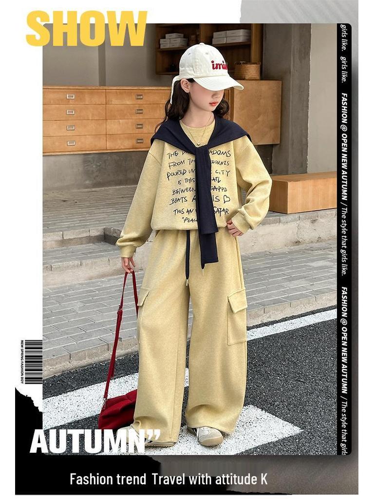 Girls' Korean-Style Sweatshirt & Cargo Pants Set 2025 - Autumn Fashion for Children