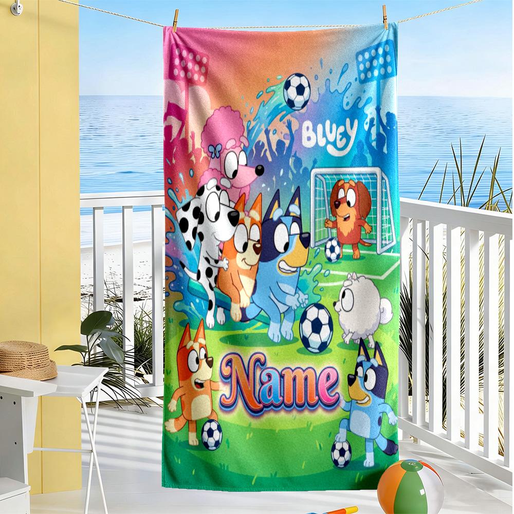 Bluey Friends Adventure Customized Name Beach Towel Quick-Dry Soft Microfiber Perfect for Traveling Yoga Camping and Swimming