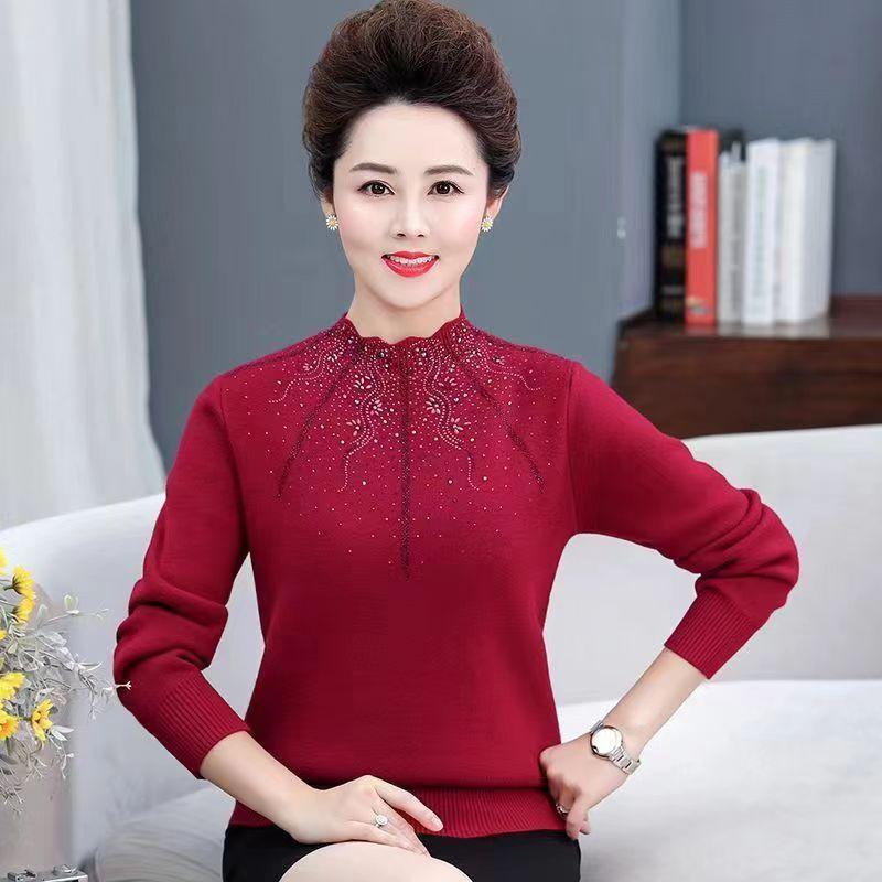 Women's Plus Size Sweater Winter Half-Turtleneck Solid Color Rhinestone Knit Pullover Sweater