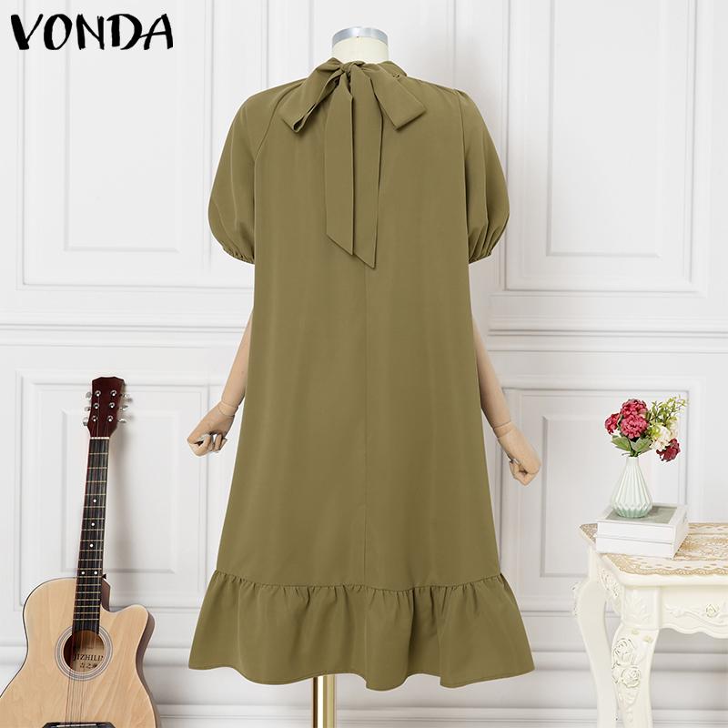 VONDA Women Stand Neck Back Bow Knot Short Sleeve Ruffled Hem Midi Dress