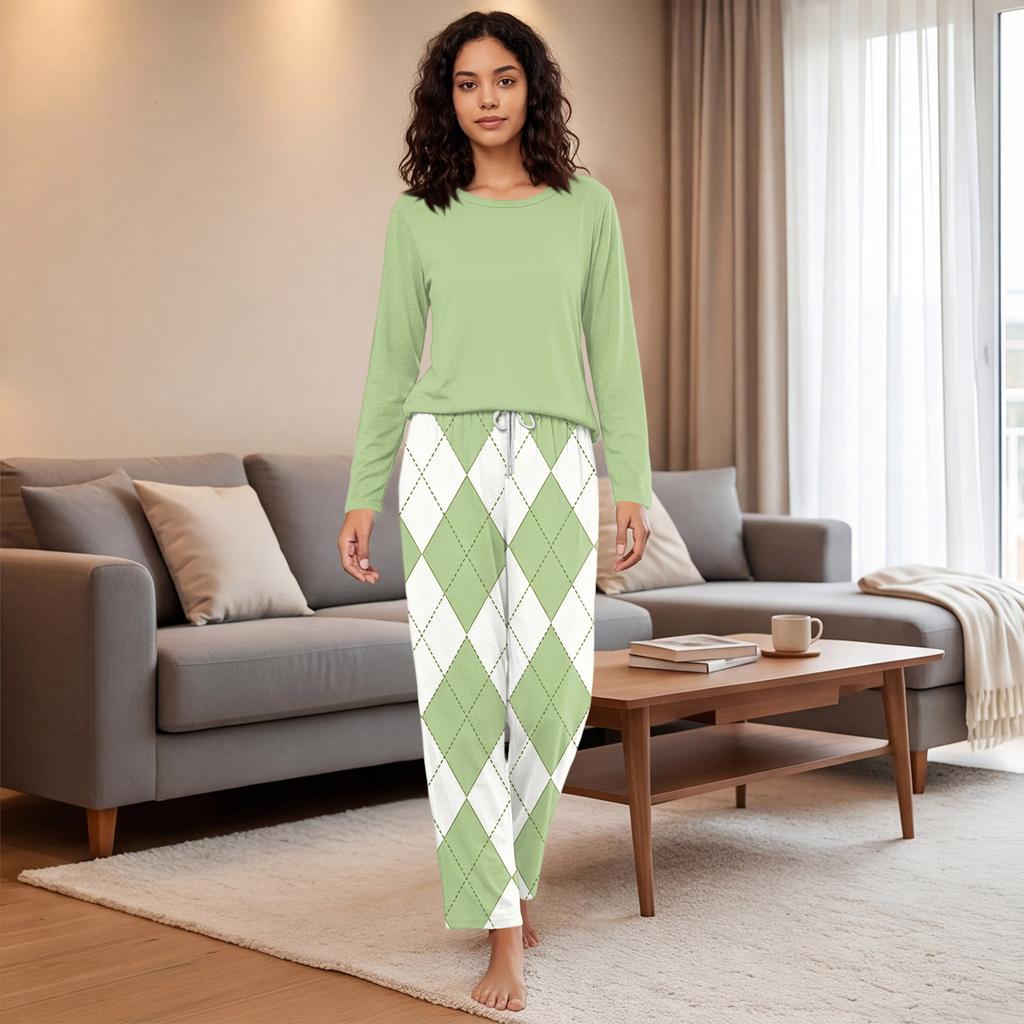 Women's Casual Printed Pajama Set with Round Neck and Loose Fit for Sleep and Lounging