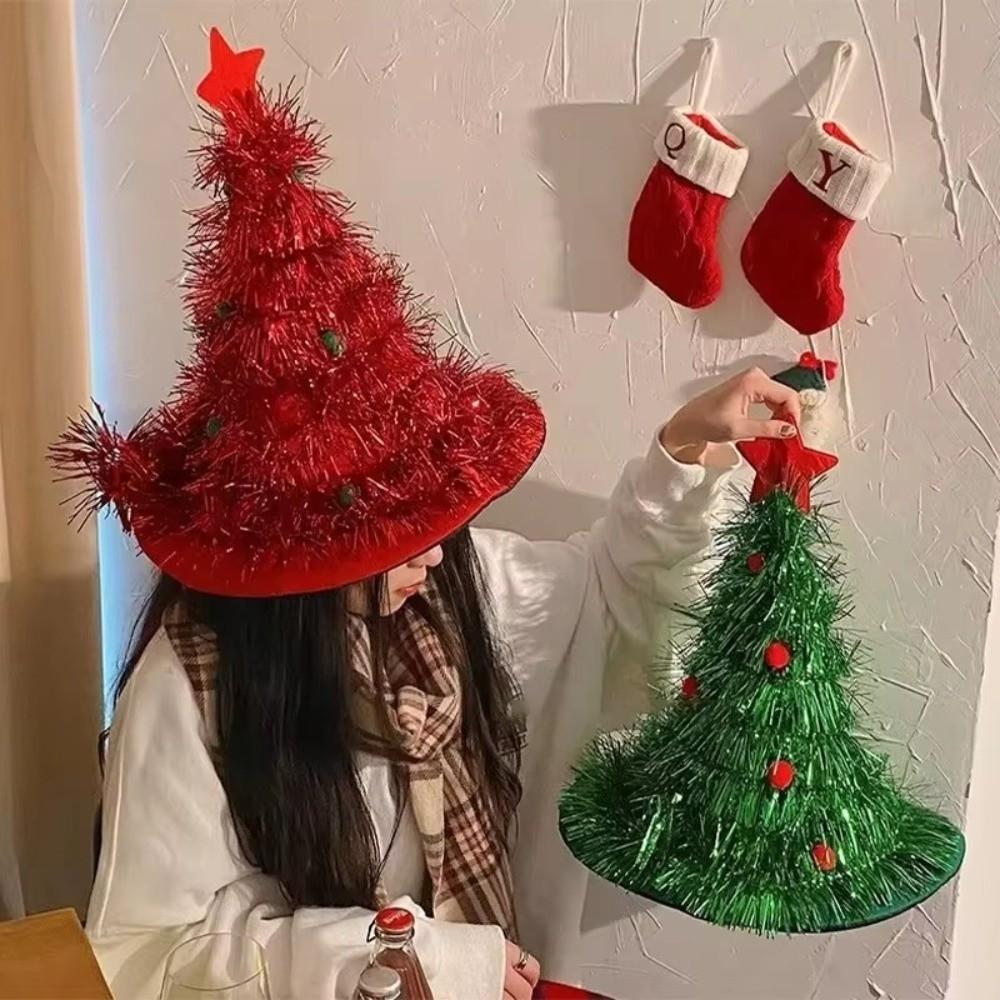 Shiny Tinsel Colorful Poms Christmas Tree Hat Festival Party Supplies Role-Playing Christmas Themed Hats Costume Hat