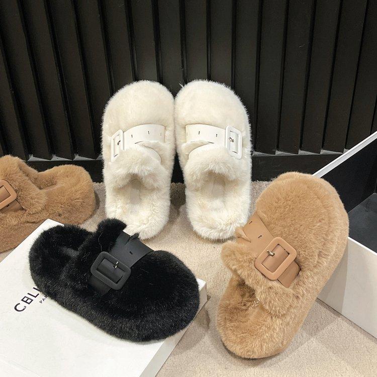 Baotou half slippers women wear autumn and winter new Internet celebrity muffin thick bottom fluffy slippers foreign style warm cotton mop