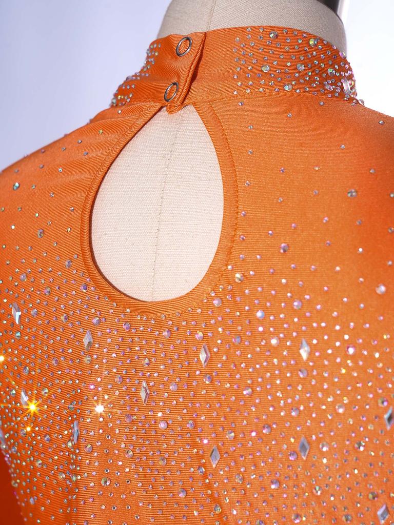 Dívčí průhledný síťovaný crop top s dlouhým rukávem a rolákem, lesklé kamínky, klíčová dírka vzadu, kostým pro lyrický tanec