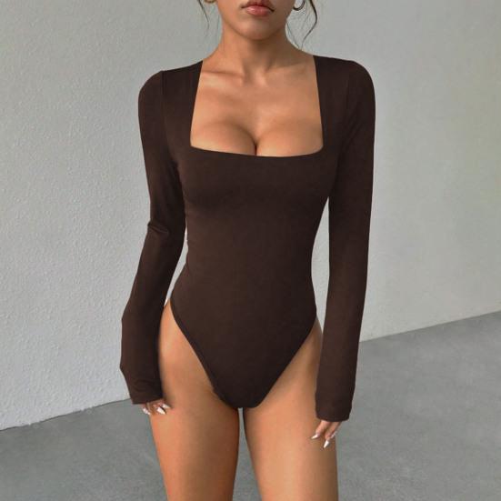 Women's Square Neck Bodysuit Long Sleeve Fall Basic T-Shirt Tops Sexy Slim Fit One Piece Bodysuit Top