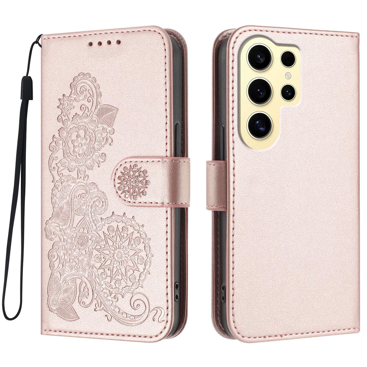 

For Samsung Galaxy S24 Ultra Phone Cases Mandala Flower Leather Wallet Mobile Cover with Strap Rose Gold