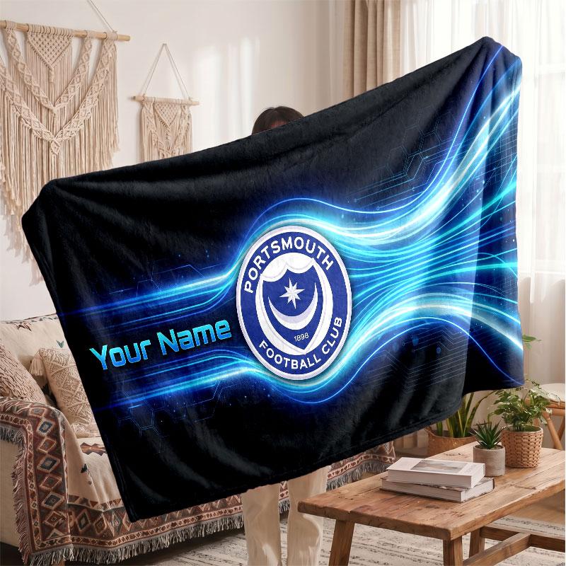 Personalisierte Fleece-Decke des Portsmouth FC mit Fußball-Logo, Individueller Name/Text, Weich, Warm, Heim-Überwurfdecke