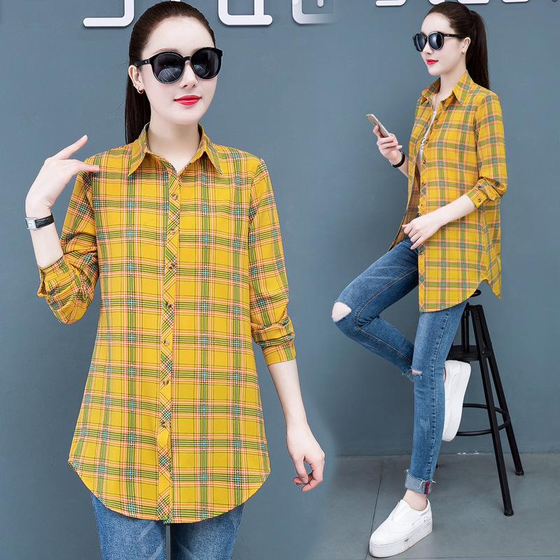 Women's Blouse Plaid Shirts Women's Long Sleeve Single Breaste Button Women's Shirt with Chest Pockets