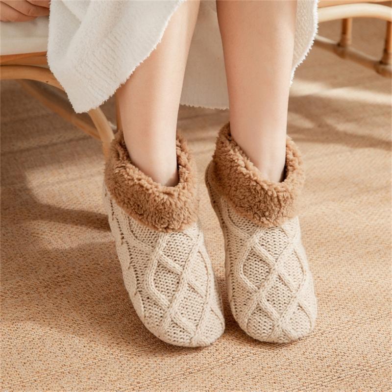 Unisex Thermal Knit Ankle Socks for Cold Weather Nonslip Grip Bottom Soles Floor Socks Thick Fleece Lined Slipper Socks