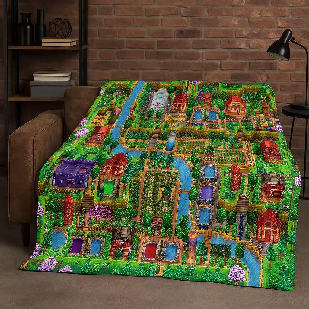 3D Retro Stardew Valley Farm Map Pixel Game Flannel Blanket,Ultra Soft Warm Plush Throw for Home Bedroom Bed Sofa Cover Kid Gift