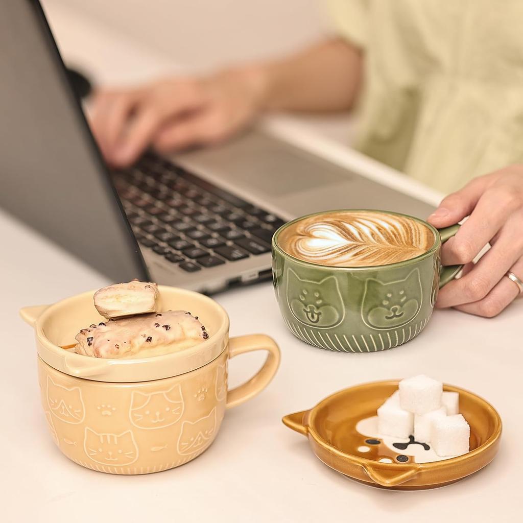300ml Cute Ceramic Cat Coffee Mug with Lid,Kawaii Coffee Mugs or Tea Cups for Cat Lovers,Funny Novelty Cat Breakfast Mugs for Gift