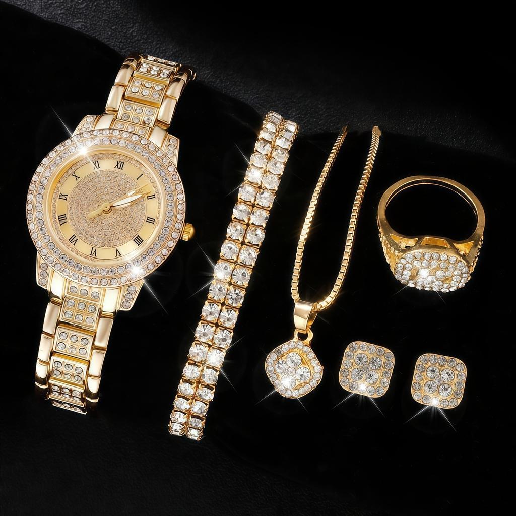Ladies Cornucopia Diamond Watch Set, Popular 5pcs Bracelet Accessories Fashion Quartz European Beautiful Women Watch Set