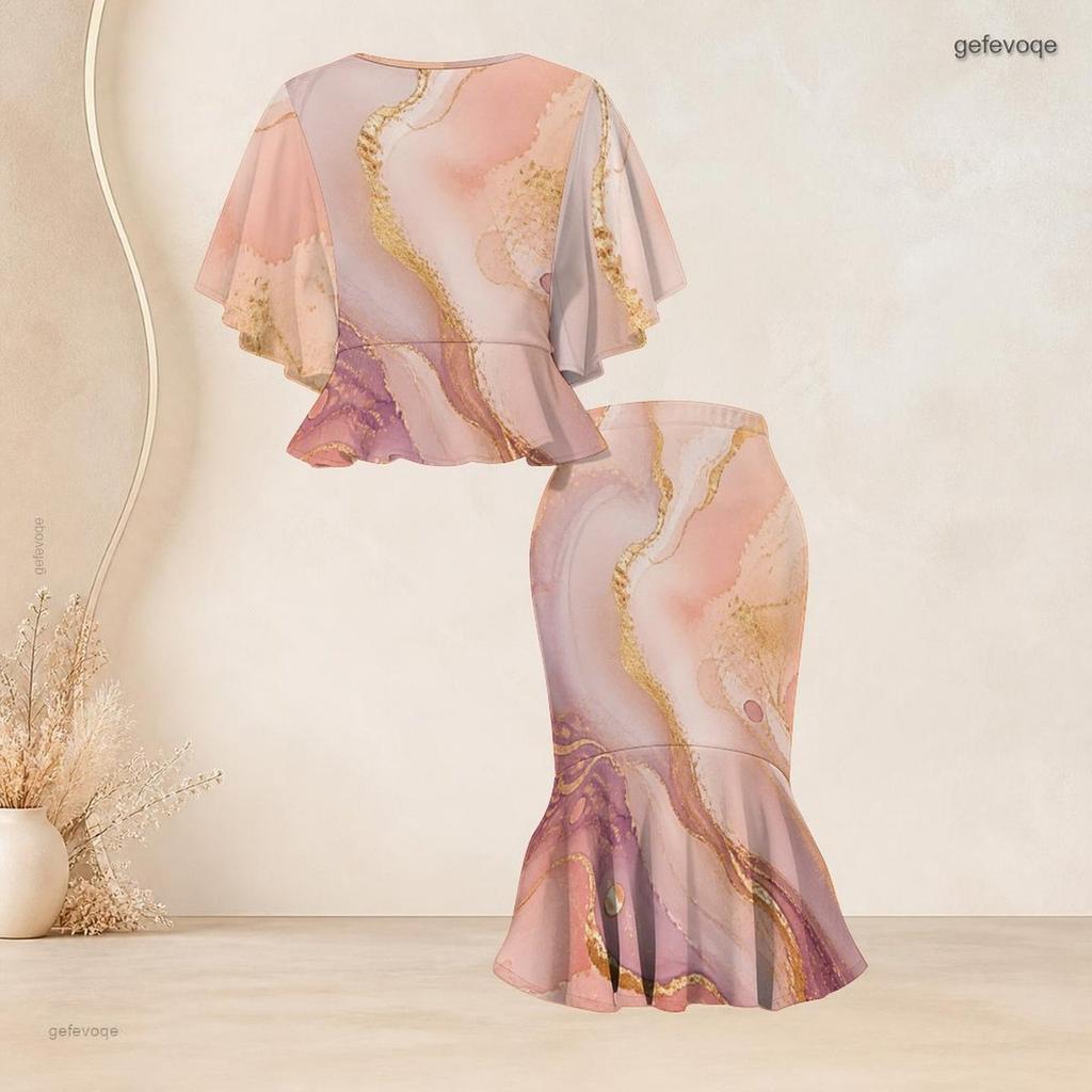 Women Plus Size Blue Gold Printed Round Neck Batwing Sleeve Ruffle Hem Top Fishtail Skirt Two Piece Set