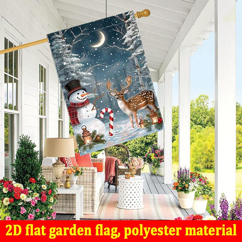 2D Flat, 2D Flat Garden Flag 1pc Christmas and Winter Wonderland Snowman and Elk Pattern-double Sided Garden Flag, Outdoor Decoration, Lawn, Flag Only