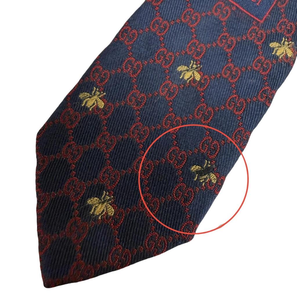 Great GUCCI tie GG logo all-over print Bee embroidery Navy silk mens 545078 Used