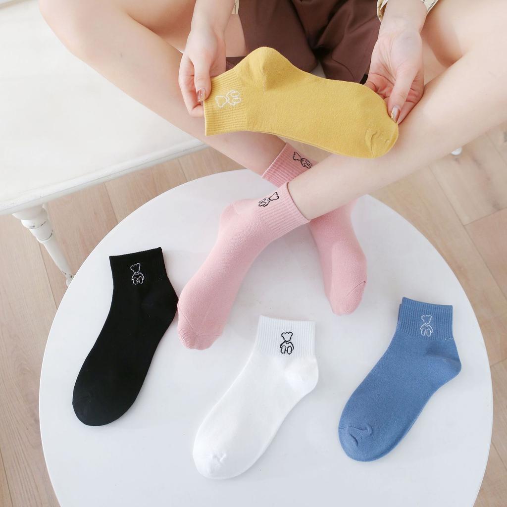 5/10 Pairs Women's Spring Summer Short Calf Cotton Socks Cute Tilted Bear Short Socks for Women Breathable and Sweat Absorbing Women's Boat Socks