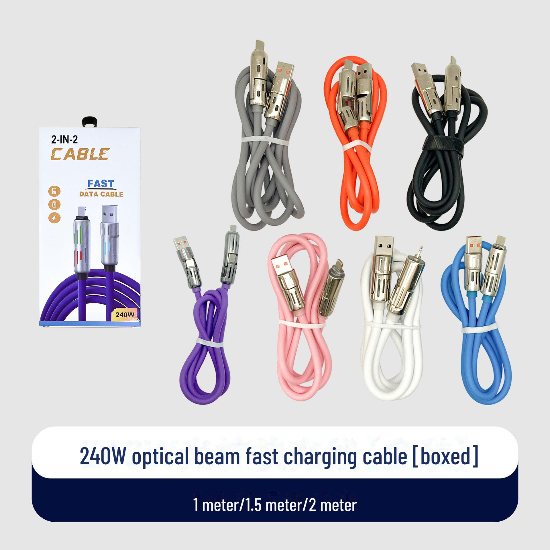 

Кабель для быстрой зарядки 4-в-1 с разноцветной светодиодной подсветкой мощностью 240 Вт для устройств Apple, Android и Type-C Black 2m