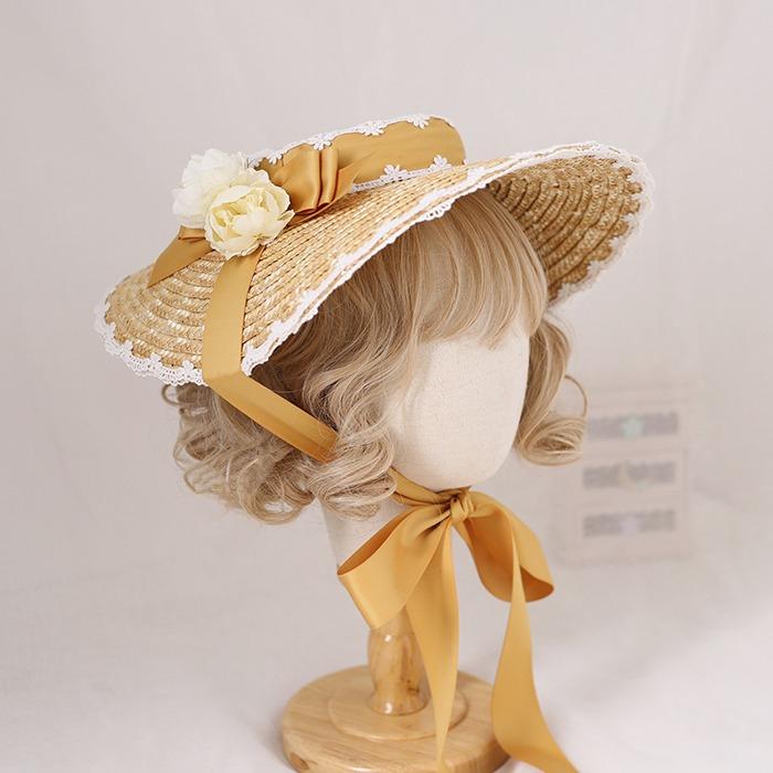 Handmade Elegant Flowers Straw Hat Multi Colored Bonnet Flat Hat Lolita Cosplay Ribbon Straw French Hat for Beach Vacation