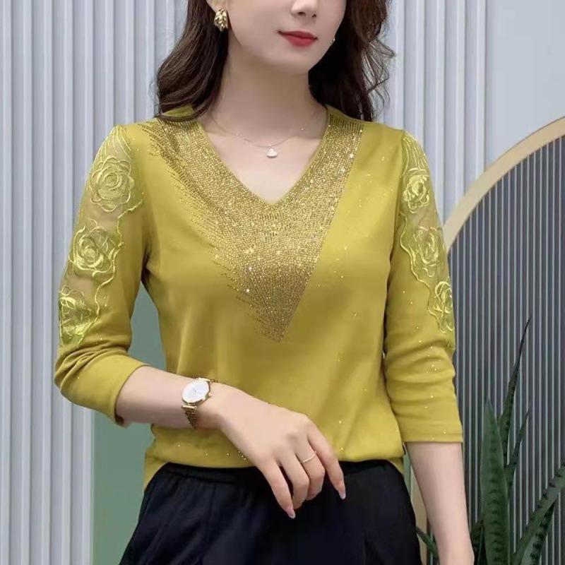 Rhinestone Lace Base Layer Women Spring Summer Short Sleeve V Neck Tee Fashion Versatile Slim Fit Elegant Blouse