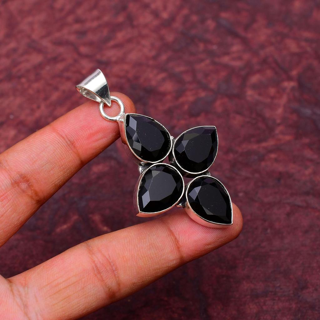 Black Onyx Gemstone Cross Shape Pendant : 925 Sterling Silver Handmade Jewelry Pendant