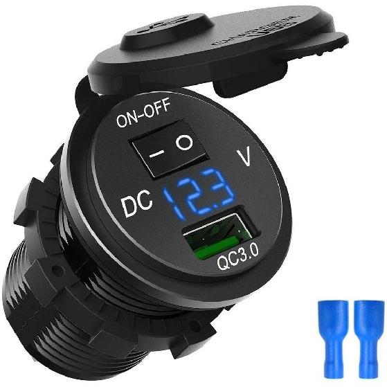 

ZYTC Waterproof QC3.0 Car Charger USB Outlet Socket 12V/24V Blue LED Digital Voltmeter with On/Off Switch for Car Boat Motorcycle Marine синій