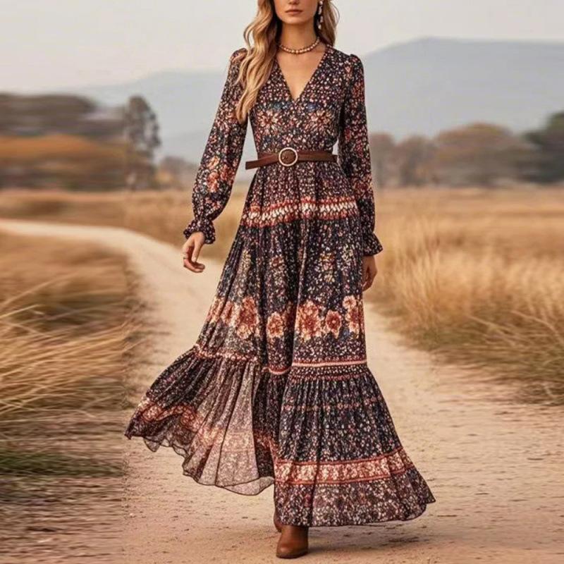 2026 Popular Autumn Long-sleeved V-neck Pendulum Printed Long-sleeved Dress