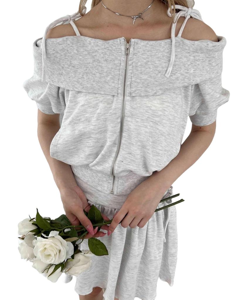 WEGO PHILLY Ribbon Short Sleeve Gray Off-the-Shoulder Hoodie, Women's,